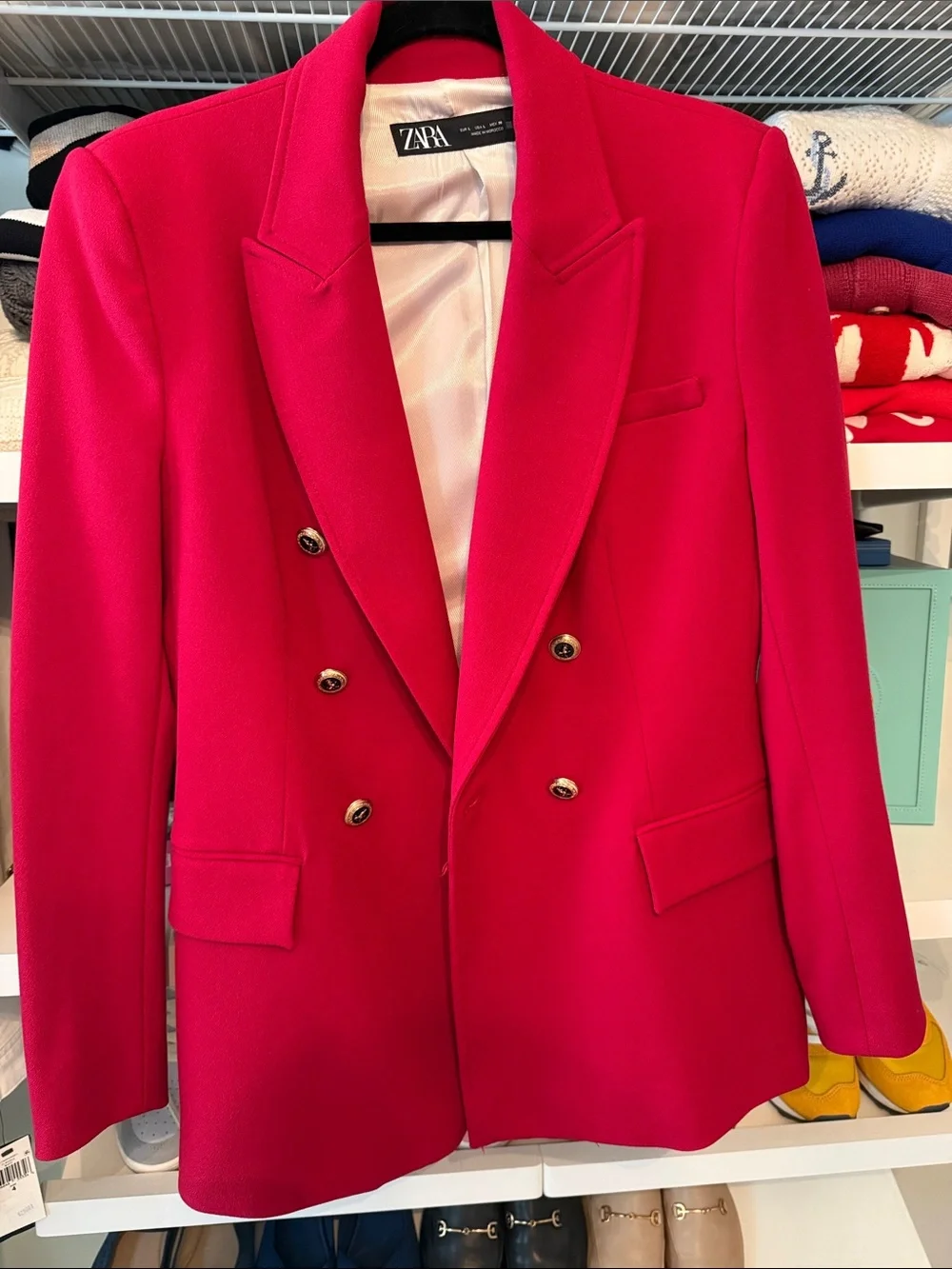 Zara Vibrant Red Double-Breasted Blazer with Gold Buttons - Picture 1 of 11
